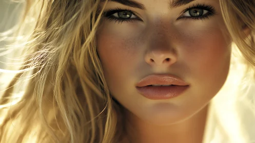 Close-up digital portrait of blonde woman in soft light.