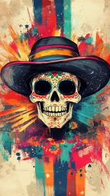 Colorful sugar skull in a wide hat bursting with joy.