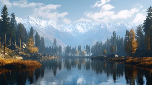 Snowcapped alpine range reflected in a still autumn lake