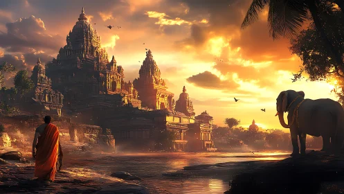 Sunlit temple riverfront with monk, elephant and golden sky.