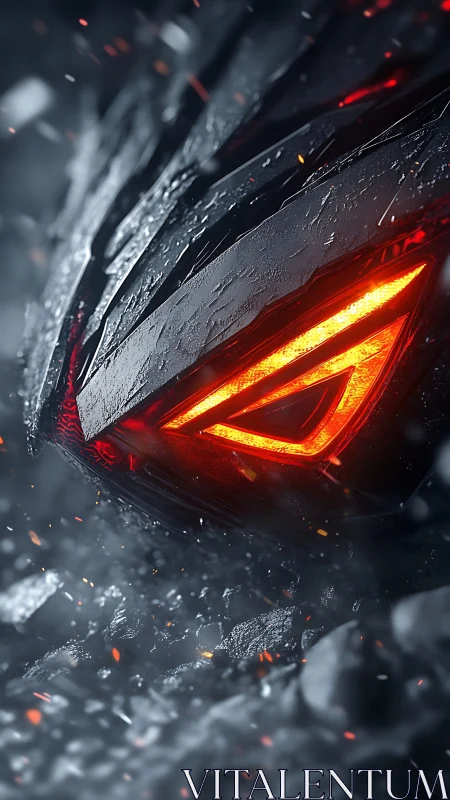 Glowing red mechanical eye burns through wet metallic armor