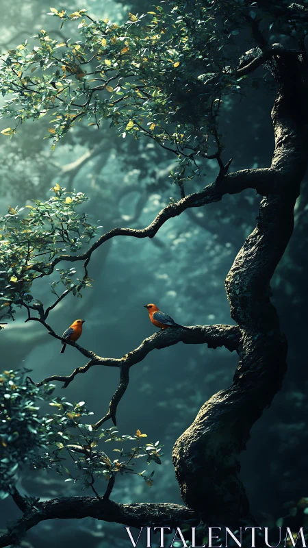 Curved tree trunk with two orange birds perched on branches