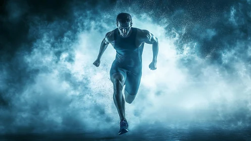 High-intensity sprinter emerging through volumetric blue fog.