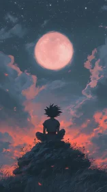 Silhouetted anime figure watches large moon over dusk sky
