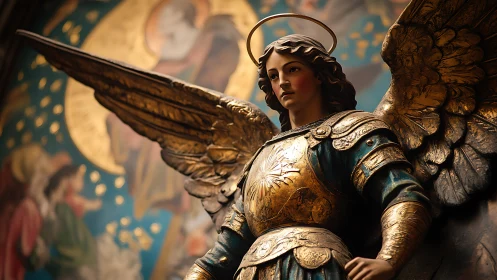 Radiant archangel statue stands in glowing sacred ambience