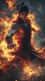 Fire-kissed warrior steps through blazing embers toward destiny