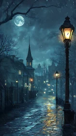 Rainy night street under moonlight with lampposts glowing.