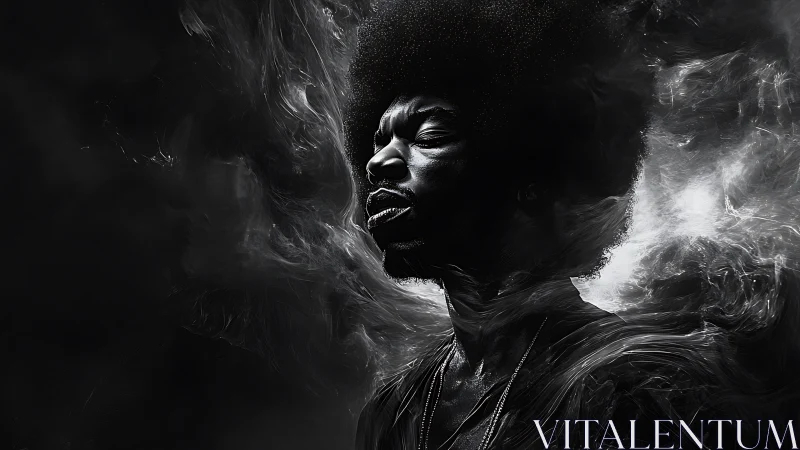 Smoke halo portrait of a moody soul in monochrome storm.