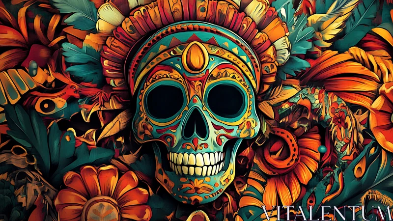 Ornate calavera skull with radial floral plumage and saturated chroma