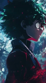 Side profile of green haired anime boy in hero costume.