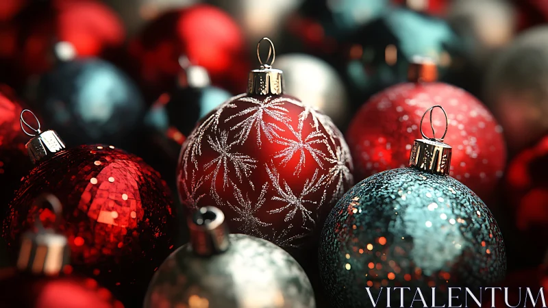 Sparkling red and teal Christmas baubles in festive cluster.