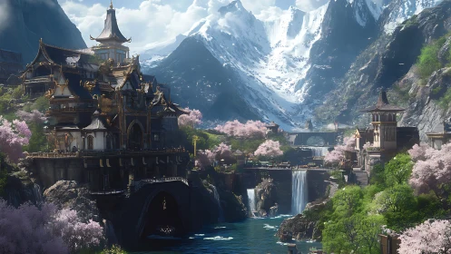 Layered mountain temple complex integrates waterfalls and sakura