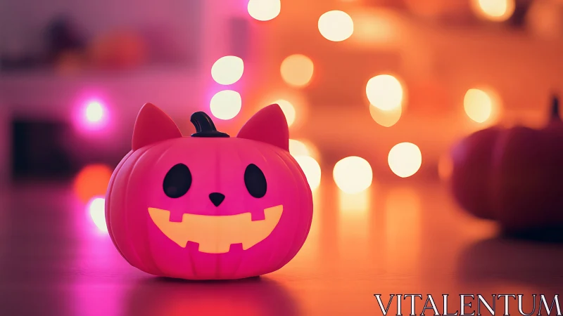 Pink cat-shaped jack-o-lantern rests before blurred lights