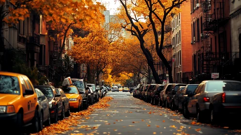 Autumn taxis glide beneath a golden city canopy of leaves.