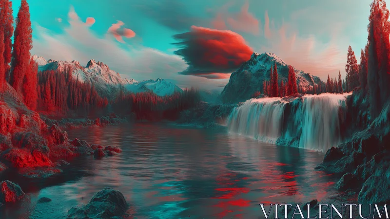 Dreamlit waterfall valley glows in surreal red and teal light