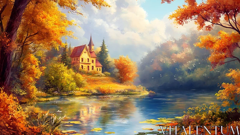 Lakeside autumn villa under cumulus sky, reflective water surface