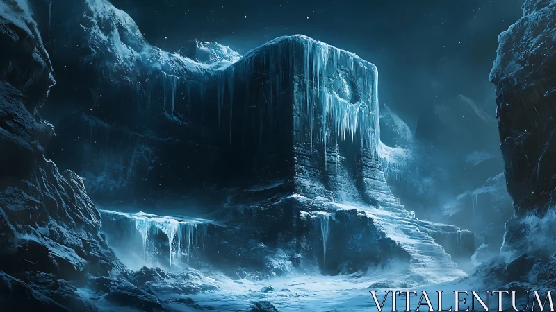 Moonlit ice fortress rises quietly in a frozen mountain pass