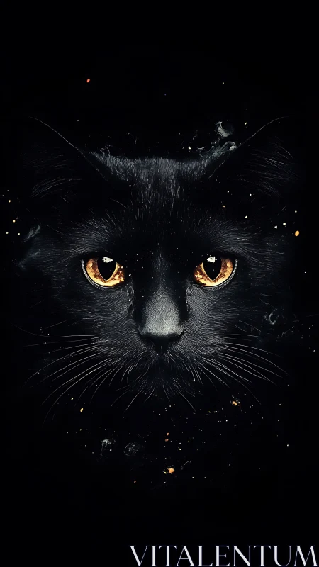 Black cat with golden eyes against dark background.