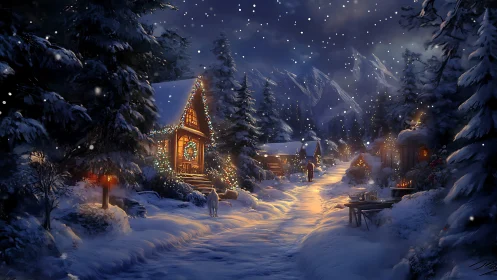 Snow covered village cabins with illuminated winter path.