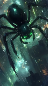 Giant neon-eyed spider looms above dense cyberpunk city