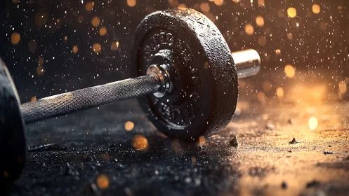 Wet steel barbell rests on gritty gym floor under sparks.