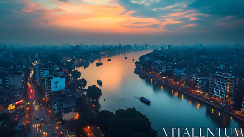 Urban riverside cityscape under calm dusk sky.