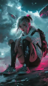 Cyberpunk street girl under neon skies rendered in concept art