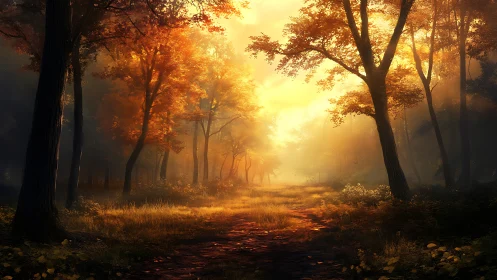 Forest Pathway in Golden Morning Light Through Tree Canopy