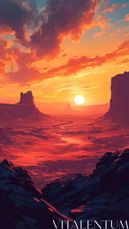 Desert canyon sunset with glowing sky and rocky cliffs.