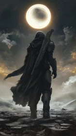 Lone armored wanderer beneath radiant celestial sphere.