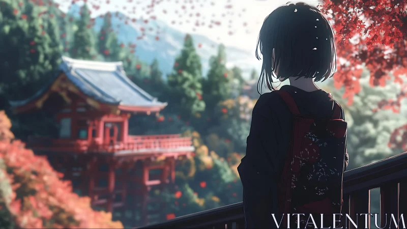 Quiet autumn lookout over a distant crimson temple garden.