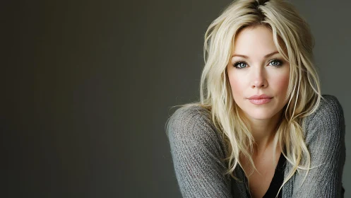 Studio portrait of blonde woman in grey knit with soft lighting