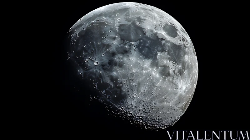 Lunar surface in high-contrast telescopic close-up detail view.