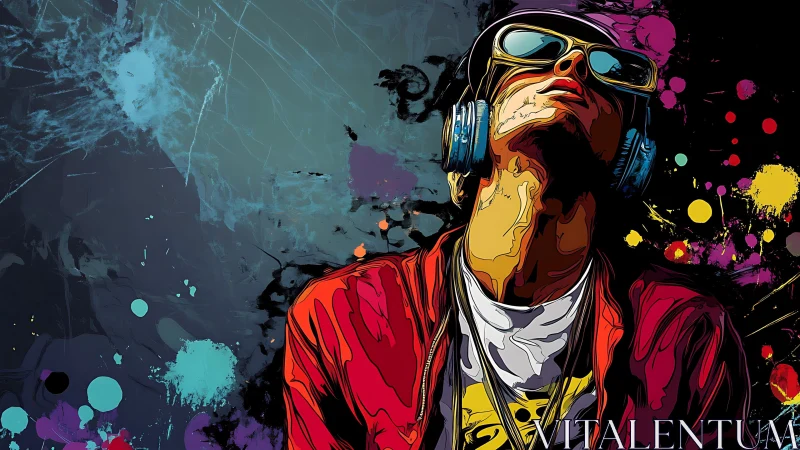 Vector pop-art portrait with splatter-style urban backdrop.