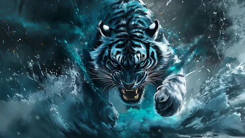 Roaring ice-blue tiger surges through stormy swirling water