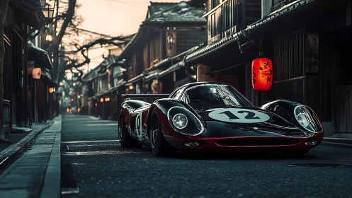 Vintage race car glides through quiet lantern lit streets