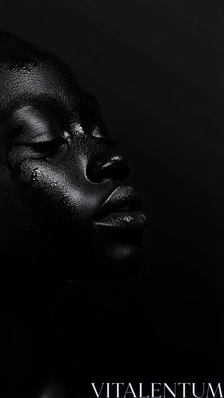 Glossy monochrome portrait captures serene, shadowed grace