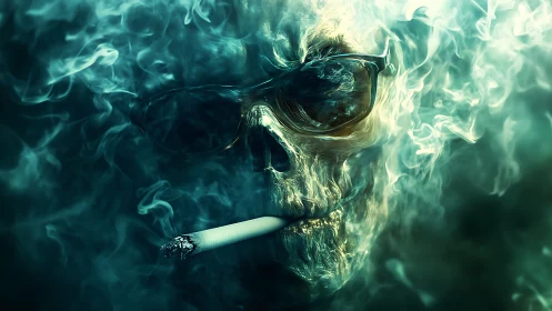 Smoldering skull in teal smoke with burning cigarette