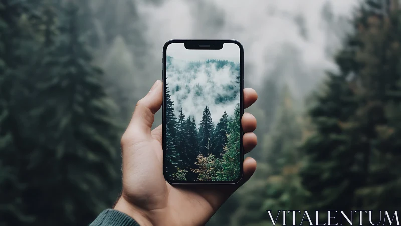 Smartphone displaying layered forest landscape with misty mountain topography