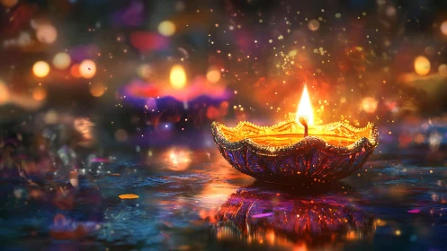 Radiant festive diya glowing over colorful reflective water.
