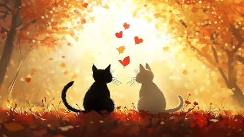 Two Cats Watch Falling Hearts Under Autumn Golden Light.