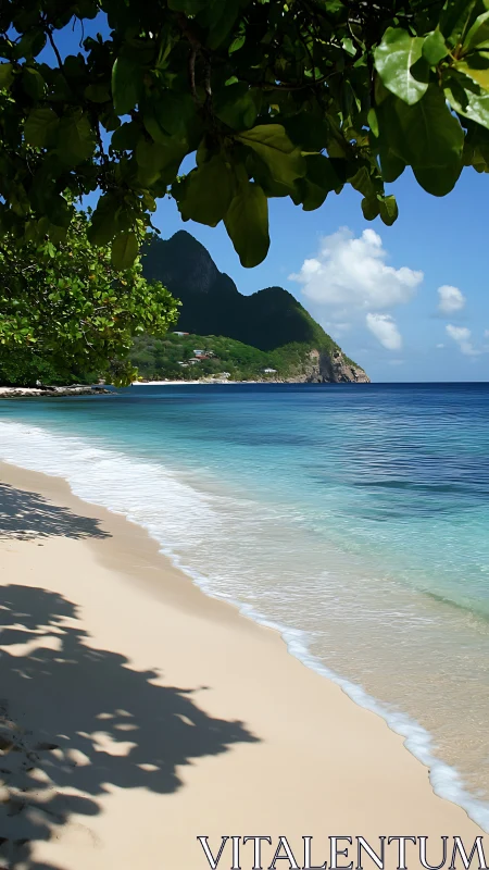 Tropical Paradise Beach Cove Beneath Verdant Cliff.