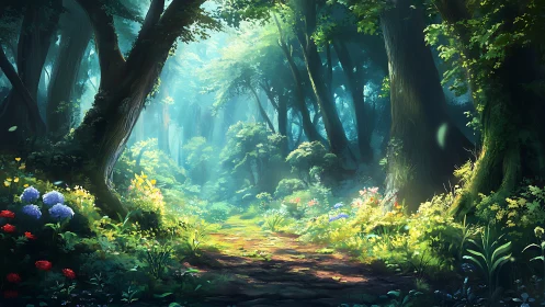 Luminescent forest corridor with volumetric light and polychromatic undergrowth.