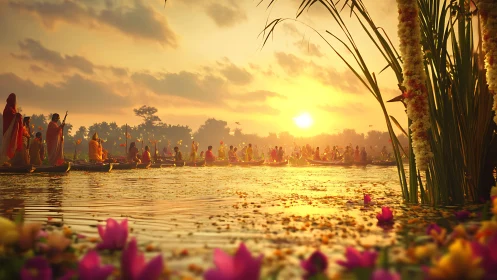 Sunlit river ritual with saffron boats and drifting blossoms.