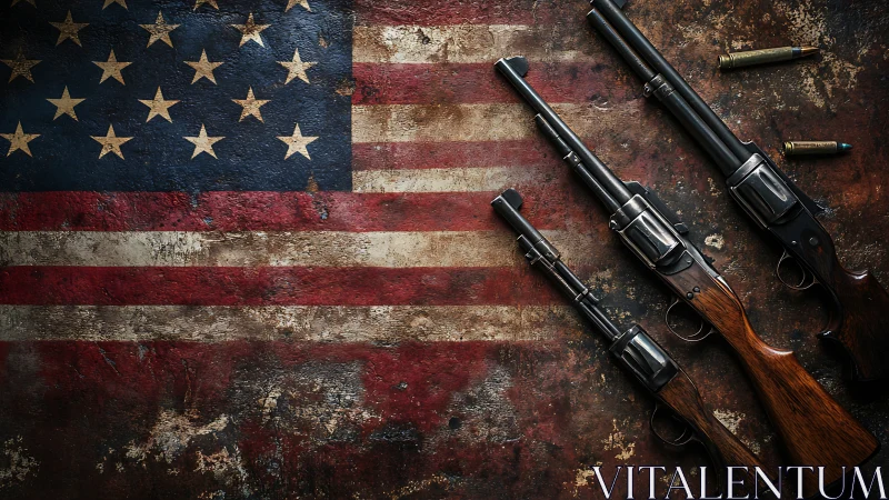 Weathered US flag surface displays three vintage rifles aligned