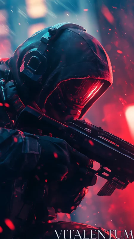 Cybernetic marksman in tactical hood under neon red bokeh
