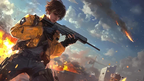 Rifle-armed soldier in blazing urban battlefield panorama.