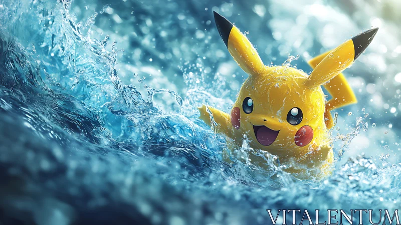 Pikachu swims through crashing blue waves in dynamic light