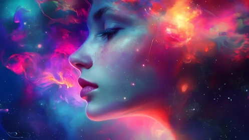 Profile of a human face dissolves into a multicolor nebula