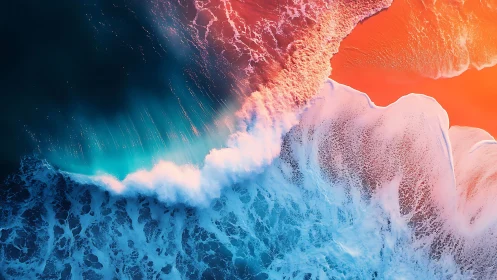 Neon-lit aerial surf collision with glowing shoreline gradient.